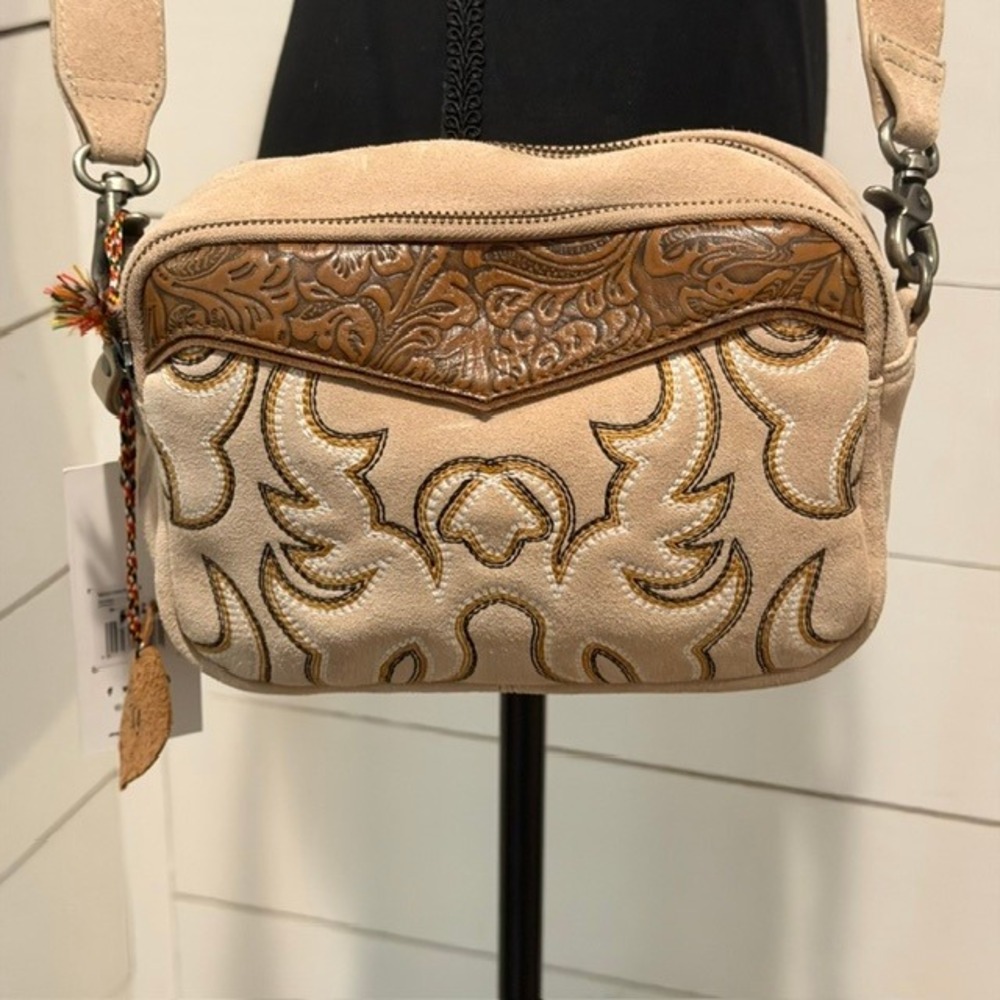 Myra Bag Western Embroidered Suede Crossbody Marla Range Tan Tooled Leather NEW